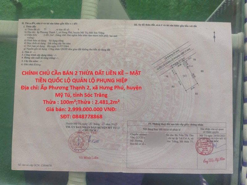 CHÍNH CHỦ CẦn BÁN 2 THỬA ĐẤT LIỀN KỀ – MẶT TIỀN QUỐC LỘ QUẢN LỘ PHỤNG HIỆP