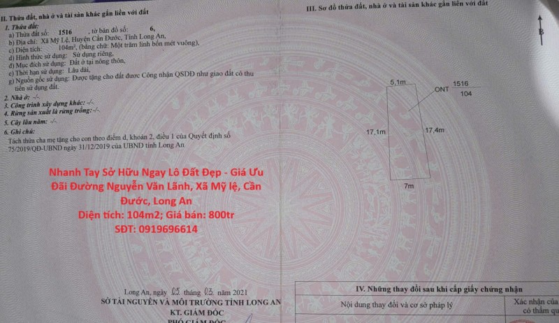 Nhanh Tay Sở Hữu Ngay Lô Đất Đẹp - Giá Ưu Đãi Đường Nguyễn Văn Lãnh, Xã Mỹ lệ, Cần Đước, Long An