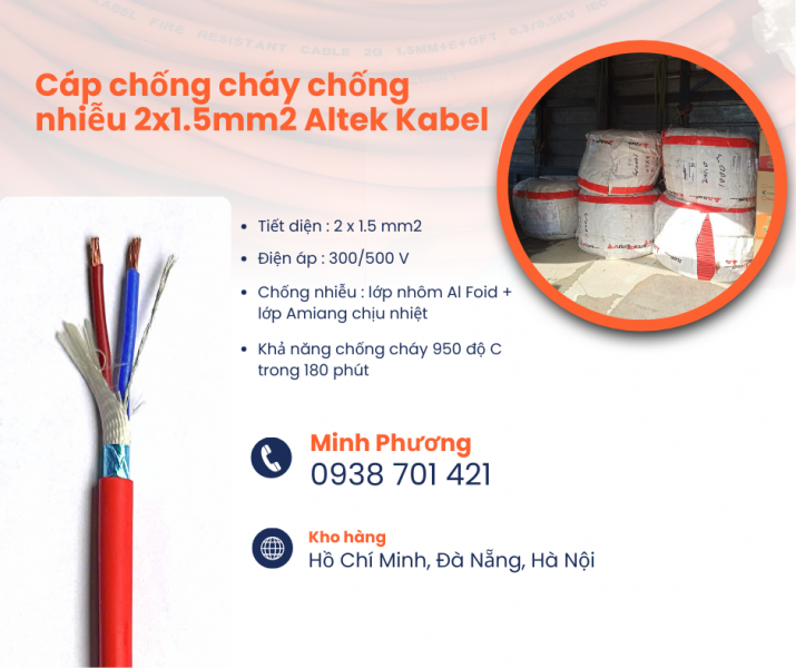 Dây chống cháy chống nhiễu 2x1.5mm2 Altek Kabel Bình Định, Quảng Ngãi, Quảng Trị