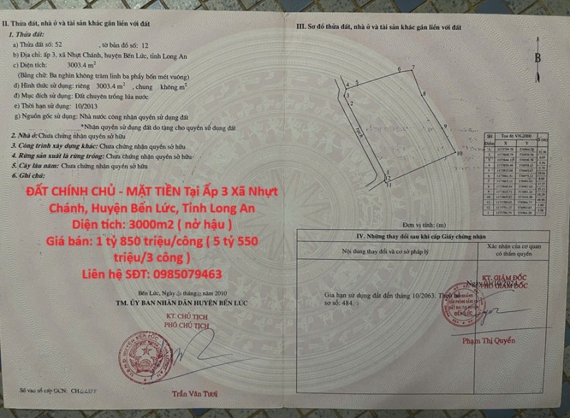 ĐẤT CHÍNH CHỦ - MẶT TIỀN Tại Ấp 3 Xã Nhựt Chánh, Huyện Bến Lức, Tỉnh Long An