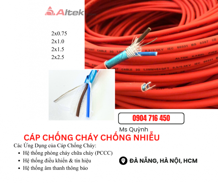 Cáp chống cháy chống nhiễu FR2x0.75, 2x1.0, 2x1.5, 2x2.5  Altek Kabel 