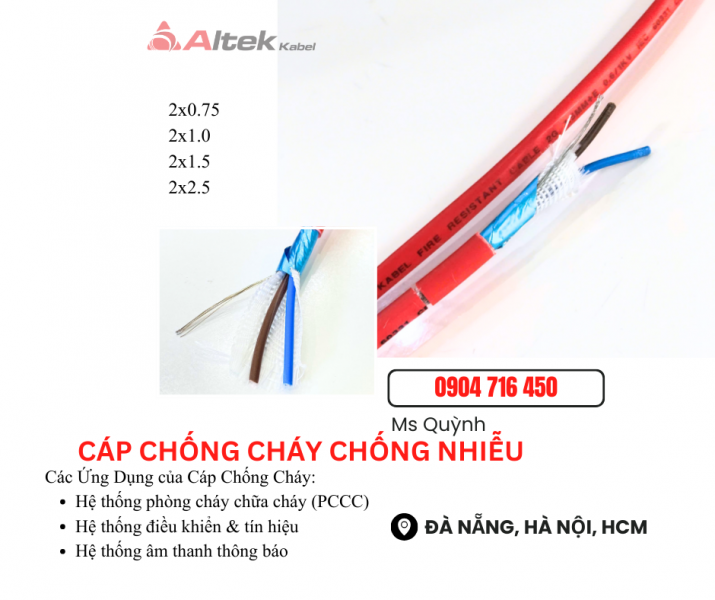 Cáp chống cháy chống nhiễu FR2x0.75, 2x1.0, 2x1.5, 2x2.5  Altek Kabel 