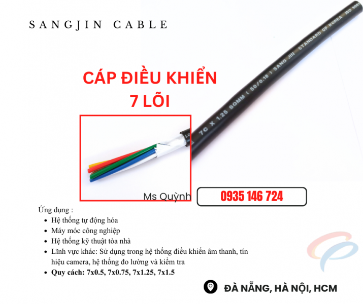 Cáp sangjin 7x0.5, 7x0.75, 7x1.25, 7x1.5 Sài Gòn, hồ Chí Minh, Bình Dương