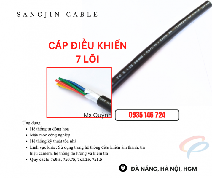 Cáp sangjin 7x0.5, 7x0.75, 7x1.25, 7x1.5 Sài Gòn, hồ Chí Minh, Bình Dương