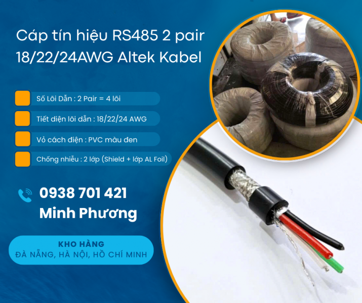Cáp tín hiệu chống nhiễu RS485 2 pair 18/22/24AWG hàng sẵn, giá tốt, giao toàn quốc