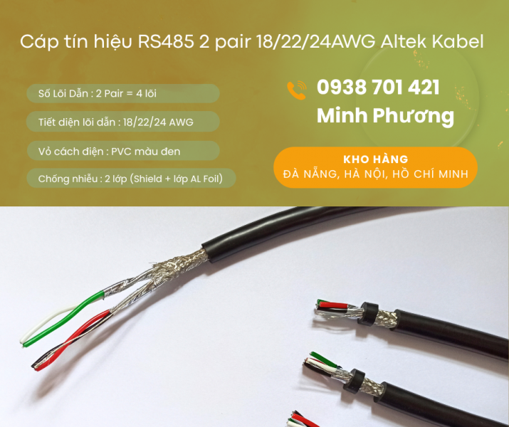 Cáp tín hiệu chống nhiễu RS485 2 pair 18/22/24AWG hàng sẵn, giá tốt, giao toàn quốc