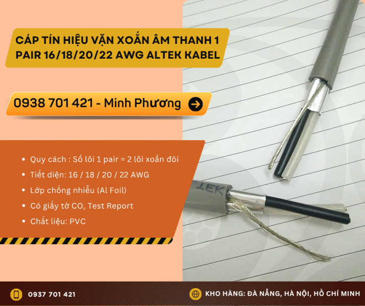 Cáp tín hiệu vặn xoắn âm thanh 1 pair 16/18/20/22 AWG phân phối Đà Nẵng, Huế