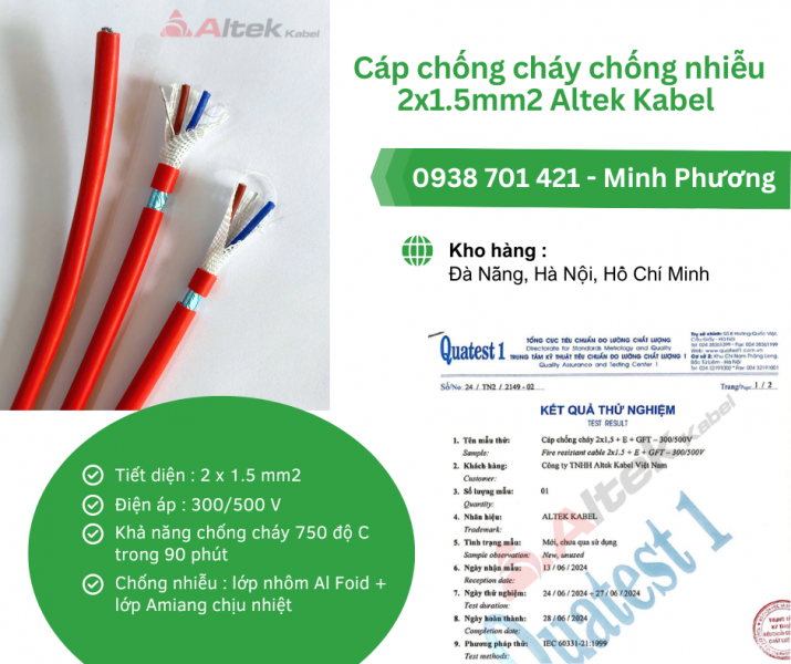 Cáp chống cháy chống nhiễu 2x1.5mm2 Altek Kabel phân phối Đà Nẵng, Quảng Ngãi