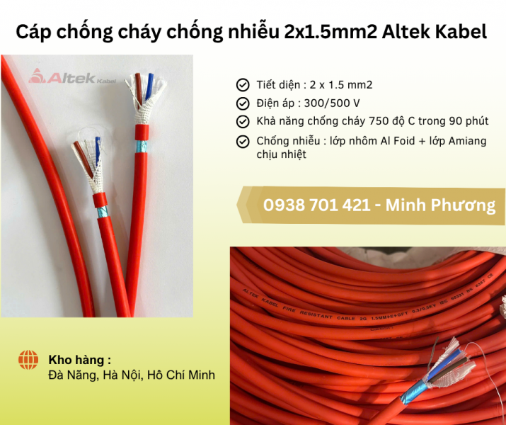 Cáp chống cháy chống nhiễu 2x1.5mm2 Altek Kabel phân phối Đà Nẵng, Quảng Ngãi