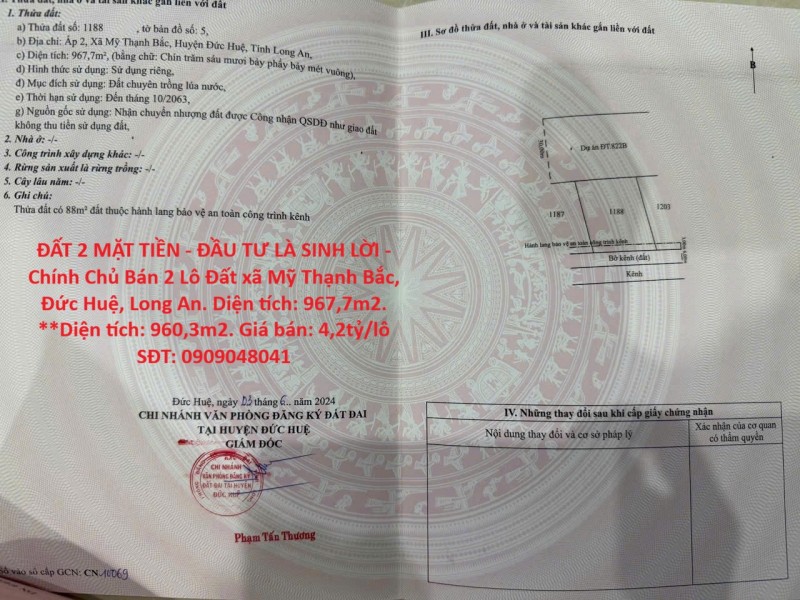 ĐẤT 2 MẶT TIỀN - ĐẦU TƯ LÀ SINH LỜI - Chính Chủ Bán 2 Lô Đất xã Mỹ Thạnh Bắc, Đức Huệ, Long An