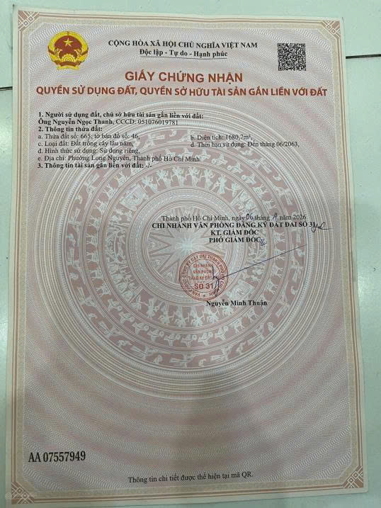 BÁN ĐẤT 1.680M² TẠI ẤP BÀ PHÁI, LONG NGUYÊN, BÀU BÀNG – GIÁ 1,5 TỶ, GẦN KCN, THÍCH HỢP ĐẦU TƯ SINH