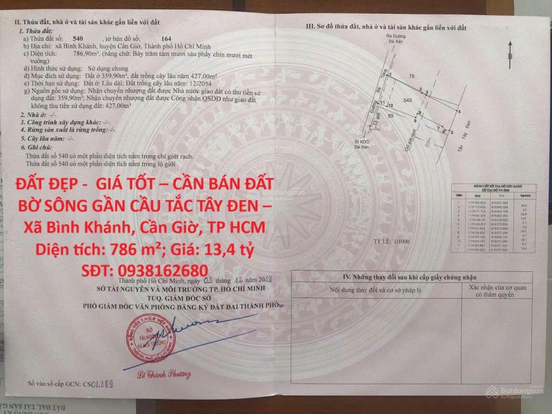 ĐẤT ĐẸP -  GIÁ TỐT – CẦN BÁN ĐẤT BỜ SÔNG GẦN CẦU TẮC TÂY ĐEN – Xã Bình Khánh, Cần Giờ, TP HCM