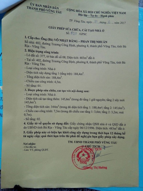 Giấy Xin Phép Sửa Chữa Cải Tạo Nhà Tại Bà Rịa - Vũng Tàu