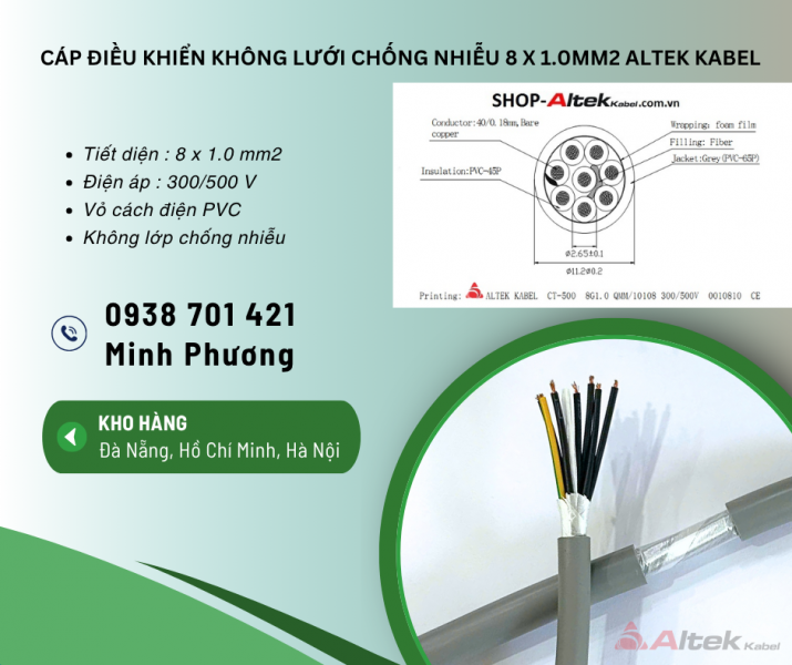 Cáp điều khiển không lưới chống nhiễu 8x1.0mm² – Dây điều khiển 8 lõi 1.0 chất lượng