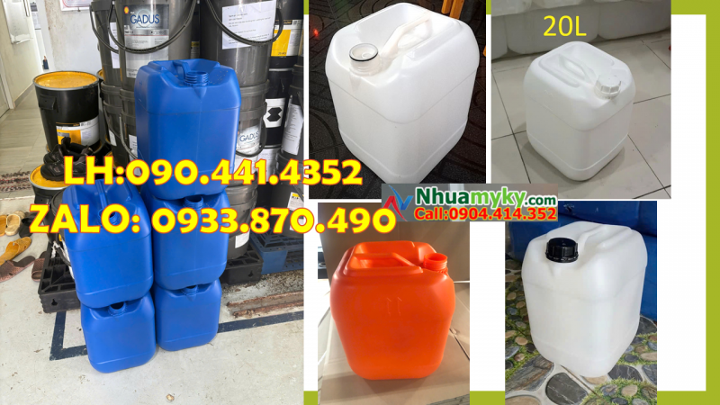 Chuyên sx can nhựa 10 lít vuông trắng, can nhựa 20 màu vàng, can 25 lít tròn đựng nhớt 