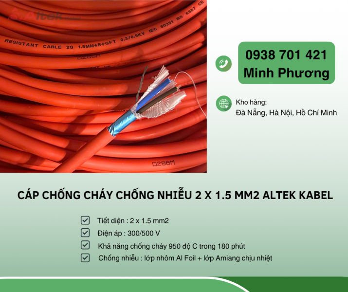 Cáp chống cháy chống nhiễu Altek Kabel 2 lõi 1.5mm2 Hồ Chí Minh, Quảng Ngãi
