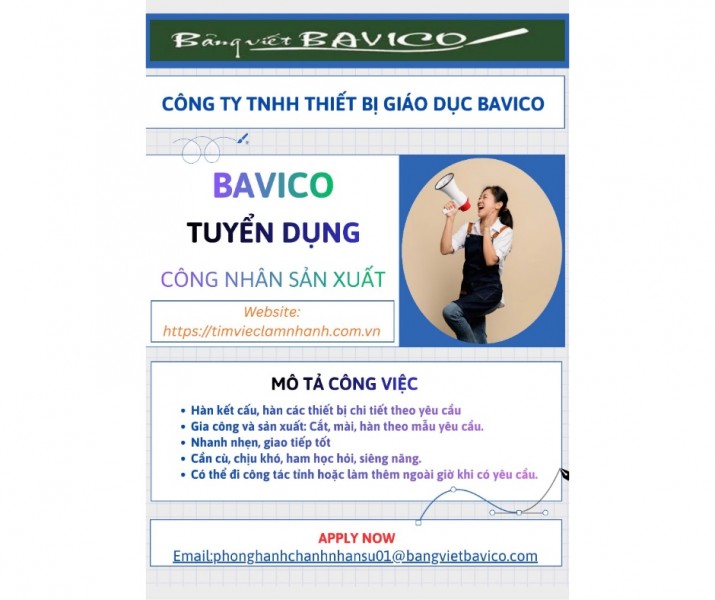 Bảng viết Bavico cần tuyển gấp 05 Công nhân sản xuất 