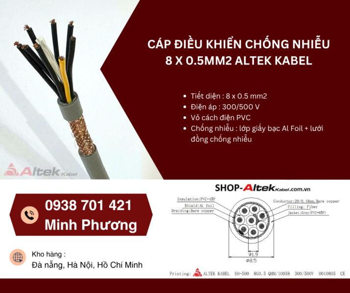 Dây cáp điều khiển có lưới chống nhiễu 8x0.5mm2 giá tốt Đà Nẵng, Nghệ An, Huế