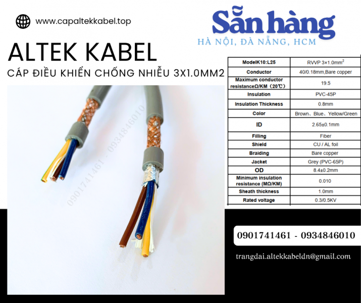 Cáp điều khiển Sh-500 3x1.0 chống nhiễu Altek Kabel sẵn Đà Nẵng, Hà Nội, Sài Gòn