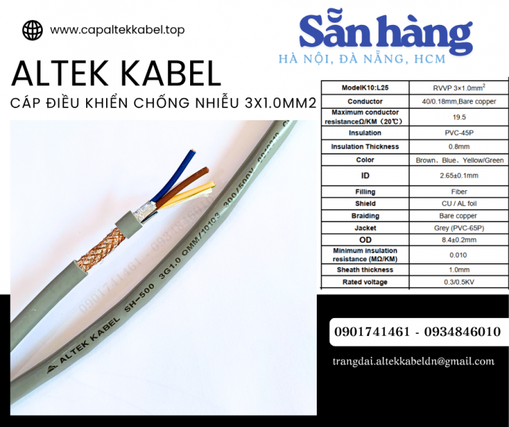 Cáp điều khiển Sh-500 3x1.0 chống nhiễu Altek Kabel sẵn Đà Nẵng, Hà Nội, Sài Gòn