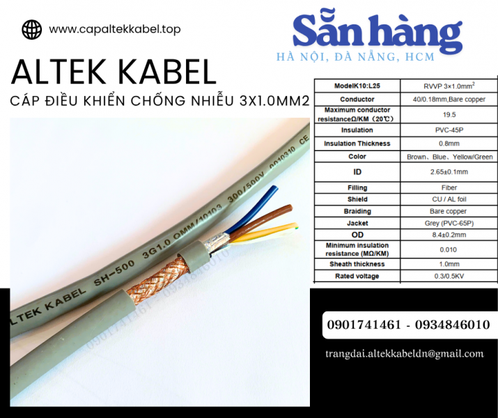 Cáp điều khiển Sh-500 3x1.0 chống nhiễu Altek Kabel sẵn Đà Nẵng, Hà Nội, Sài Gòn