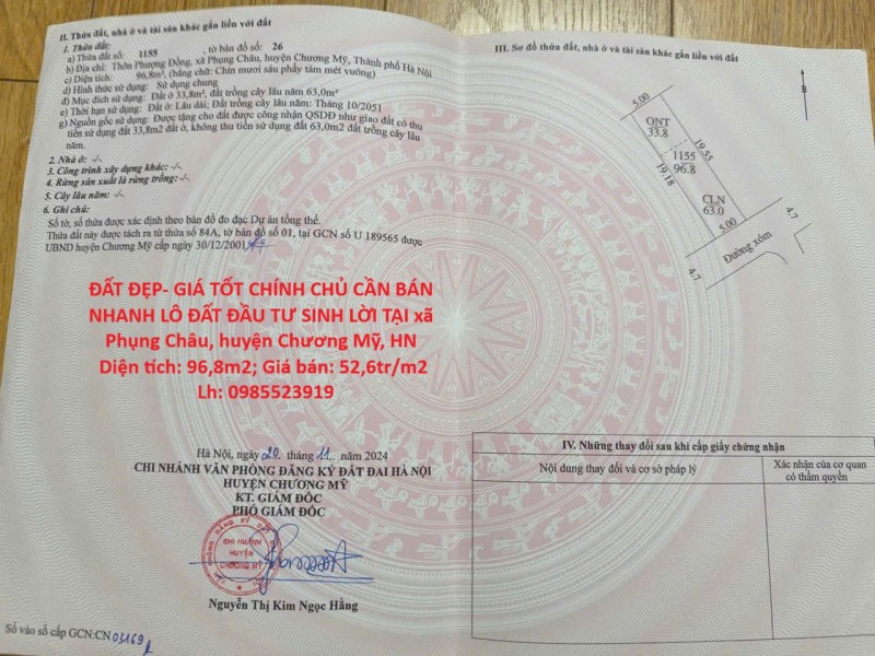 ĐẤT ĐẸP- GIÁ TỐT CHÍNH CHỦ CẦN BÁN NHANH LÔ ĐẤT ĐẦU TƯ SINH LỜI TẠI huyện Chương Mỹ, tp Hà Nội