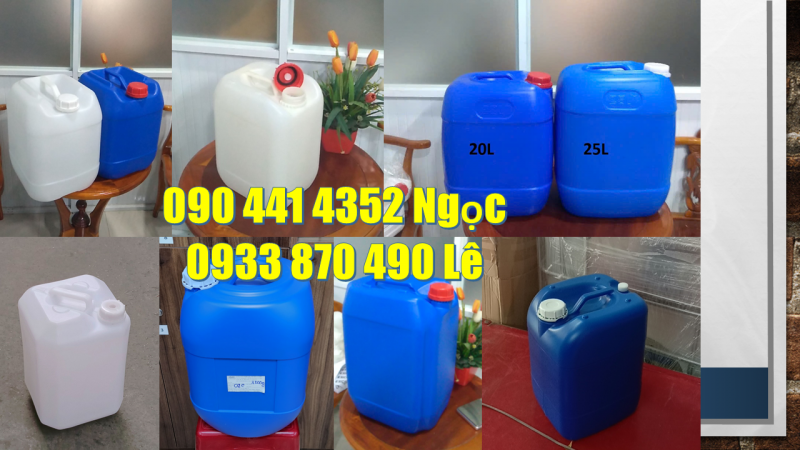 Công ty sx can 20 lít màu phân loại hóa chất, can nhựa 25 lít vuông nắp đỏ, trắng, xanh 