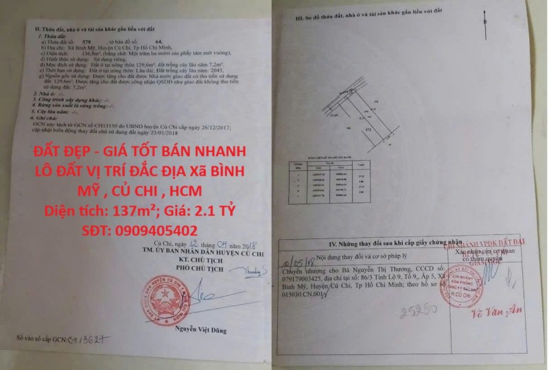 ĐẤT ĐẸP - GIÁ TỐT BÁN NHANH LÔ ĐẤT VỊ TRÍ ĐẮC ĐỊA Xã BÌNH MỸ , CỦ CHI , HCM