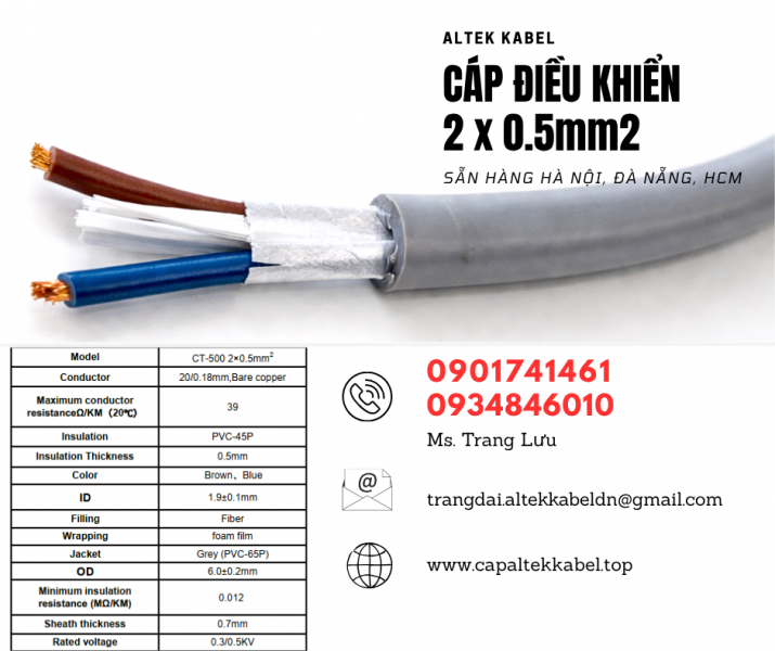 Cáp điều khiển, cáp tín hiệu 2x0.5 sẵn Đà Nẵng, Quảng Nam, Huế, Quảng Trị