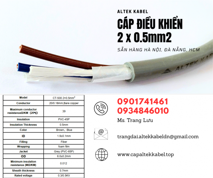 Cáp điều khiển, cáp tín hiệu 2x0.5 sẵn Đà Nẵng, Quảng Nam, Huế, Quảng Trị