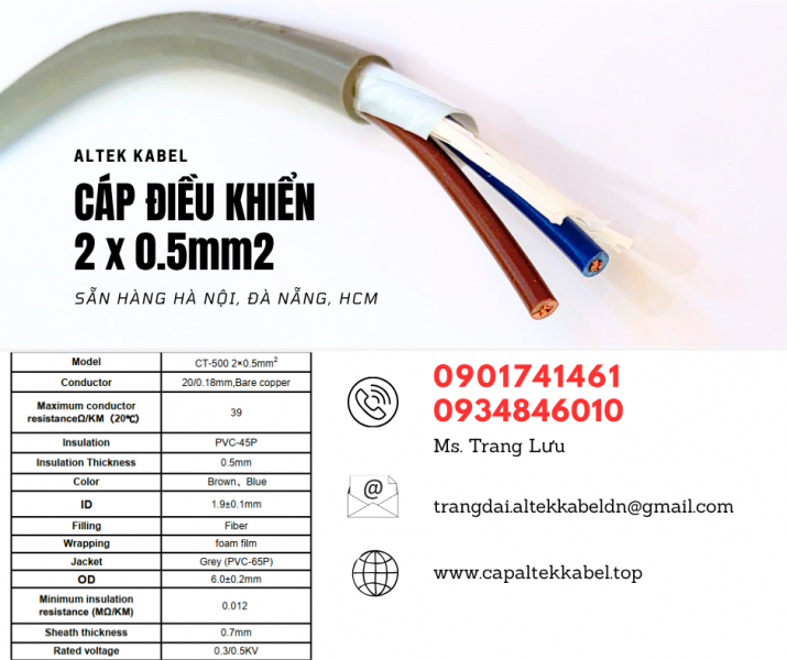 Cáp điều khiển, cáp tín hiệu 2x0.5 sẵn Đà Nẵng, Quảng Nam, Huế, Quảng Trị