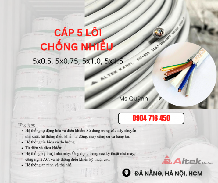Cáp điều khiển Altek Kabel 5x0.5,5x0.75,5x1.0,5x1.5 DVV Đà Nẵng, Hà Nội, Bình Định, Phú yên