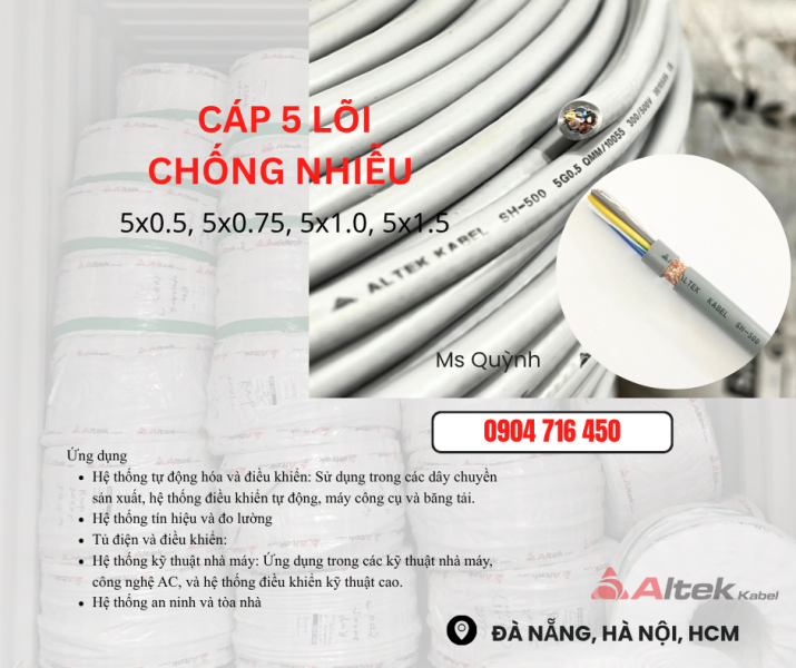 Cáp điều khiển Altek Kabel 5x0.5,5x0.75,5x1.0,5x1.5 DVV Đà Nẵng, Hà Nội, Bình Định, Phú yên