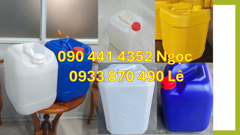 Can 10 lít vuông đựng HCl, can nhựa 20 lít đựng thuốc trừ sâu, can 25 lít đựng nhớt 