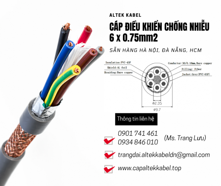 Cáp điều khiển Altek Kabel 6x0.75 chống nhiễu sẵn Hà Nội, Hưng Yên, Bắc Ninh