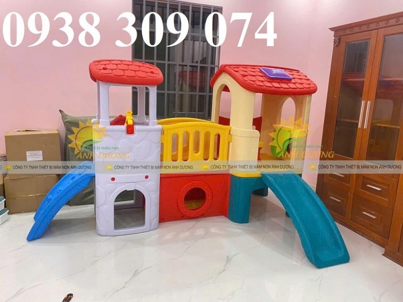 Bộ cầu trượt 2 khối nhà, nhà khối cầu trượt nhựa trẻ em