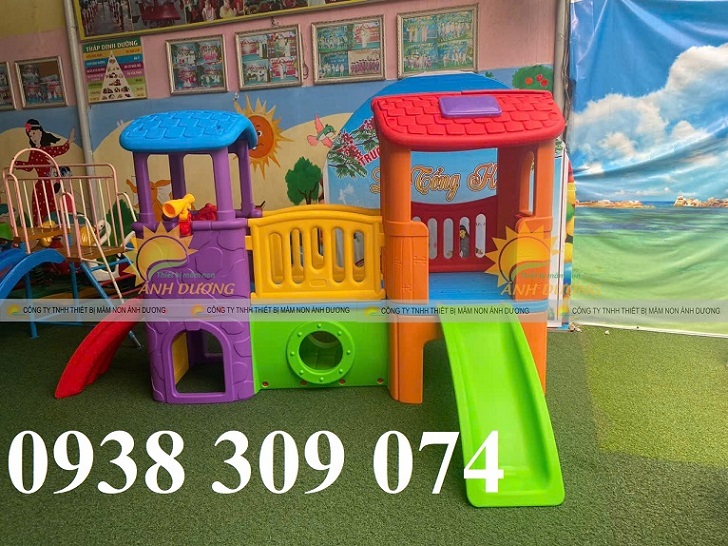 Bộ cầu trượt 2 khối nhà, nhà khối cầu trượt nhựa trẻ em