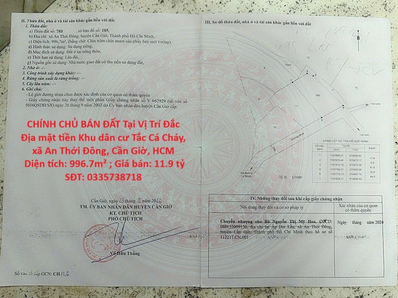 CHÍNH CHỦ BÁN ĐẤT Tại Vị Trí Đắc Địa mặt tiền Khu dân cư Tắc Cá Cháy, xã An Thới Đông, Cần Giờ. Dt