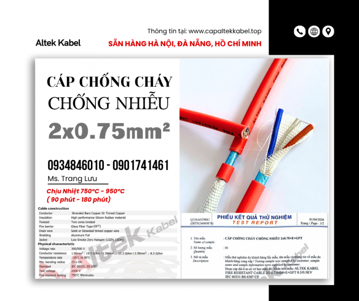 Cáp chống cháy chống nhiễu 2x0.75 Altek Kabel sẵn Đà Nẵng, Bình Định, Phú Yên