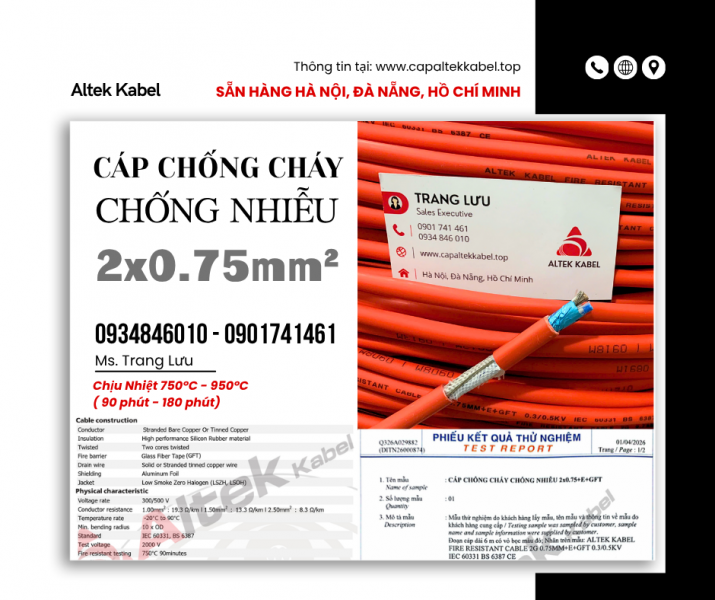 Cáp chống cháy chống nhiễu 2x0.75 Altek Kabel sẵn Đà Nẵng, Bình Định, Phú Yên