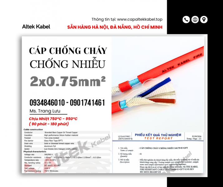 Cáp chống cháy chống nhiễu 2x0.75 Altek Kabel sẵn Đà Nẵng, Bình Định, Phú Yên