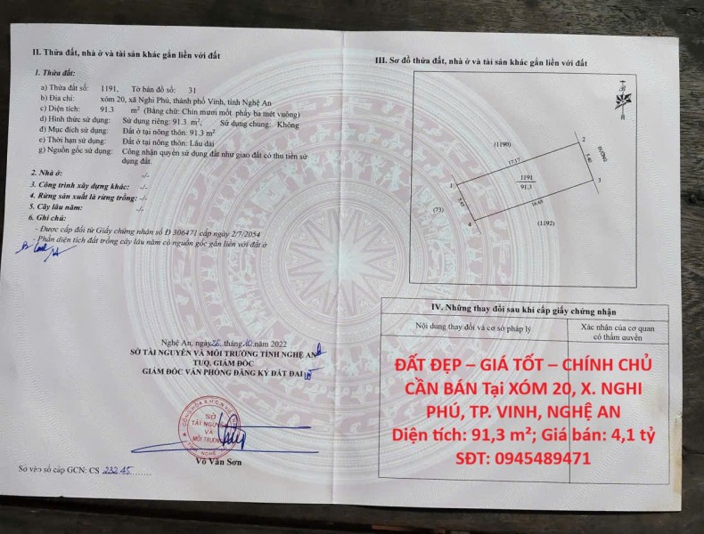 ĐẤT ĐẸP – GIÁ TỐT – CHÍNH CHỦ CẦN BÁN Tại XÓM 20, X. NGHI PHÚ, TP. VINH, NGHỆ AN
