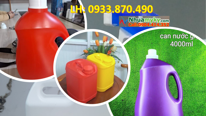 Can 3.8 lít đựng hóa chất, can nhựa 3.6 lít đựng dầu máy, can 2 lít đựng nước lau sàn 