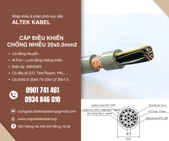 Cáp điều khiển chống nhiễu 20x0.5 Altek Kabel sẵn Hà Nội, Hưng Yên, Bắc Giang