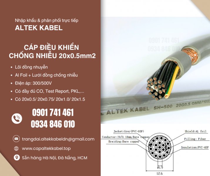 Cáp điều khiển chống nhiễu 20x0.5 Altek Kabel sẵn Hà Nội, Hưng Yên, Bắc Giang