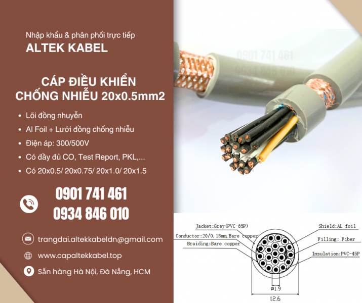 Cáp điều khiển chống nhiễu 20x0.5 Altek Kabel sẵn Hà Nội, Hưng Yên, Bắc Giang