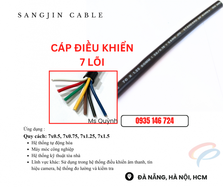 Cáp cvvs 7x0.5, 7x0.75, 7x1.25, 7x1.5 sangjin Sài Gòn, Ninh Thuận, Trà Vinh, Vĩnh Long, Tây ninh