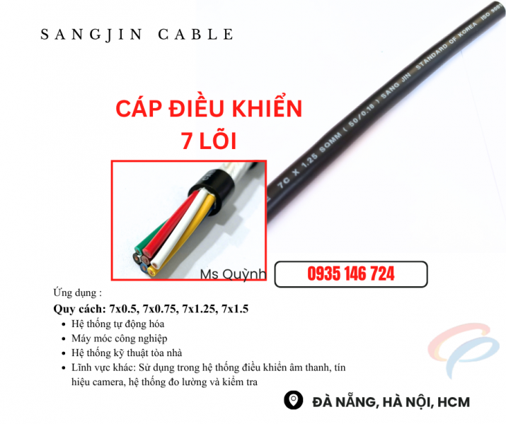 Cáp cvvs 7x0.5, 7x0.75, 7x1.25, 7x1.5 sangjin Sài Gòn, Ninh Thuận, Trà Vinh, Vĩnh Long, Tây ninh
