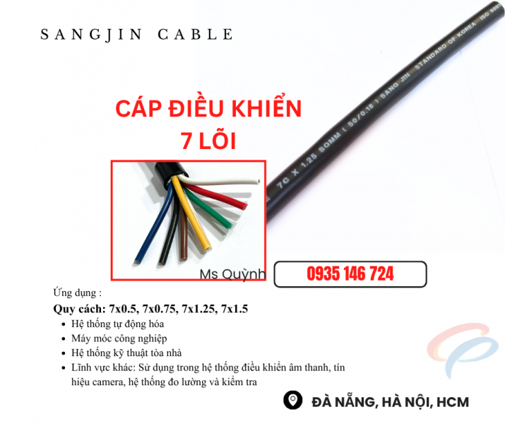 Cáp cvvs 7x0.5, 7x0.75, 7x1.25, 7x1.5 sangjin Sài Gòn, Ninh Thuận, Trà Vinh, Vĩnh Long, Tây ninh