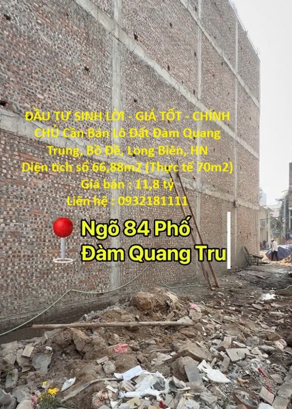 ĐẦU TƯ SINH LỜI - GIÁ TỐT - CHÍNH CHỦ Cần Bán Lô Đất Đàm Quang Trung, Bồ Đề, Long Biên, HN